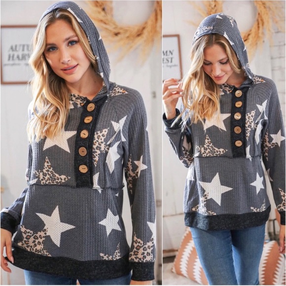 1 LEFT! Charcoal Waffle Knit Star Leopard Print Button Detail Hoodie Top - Picture 2 of 3